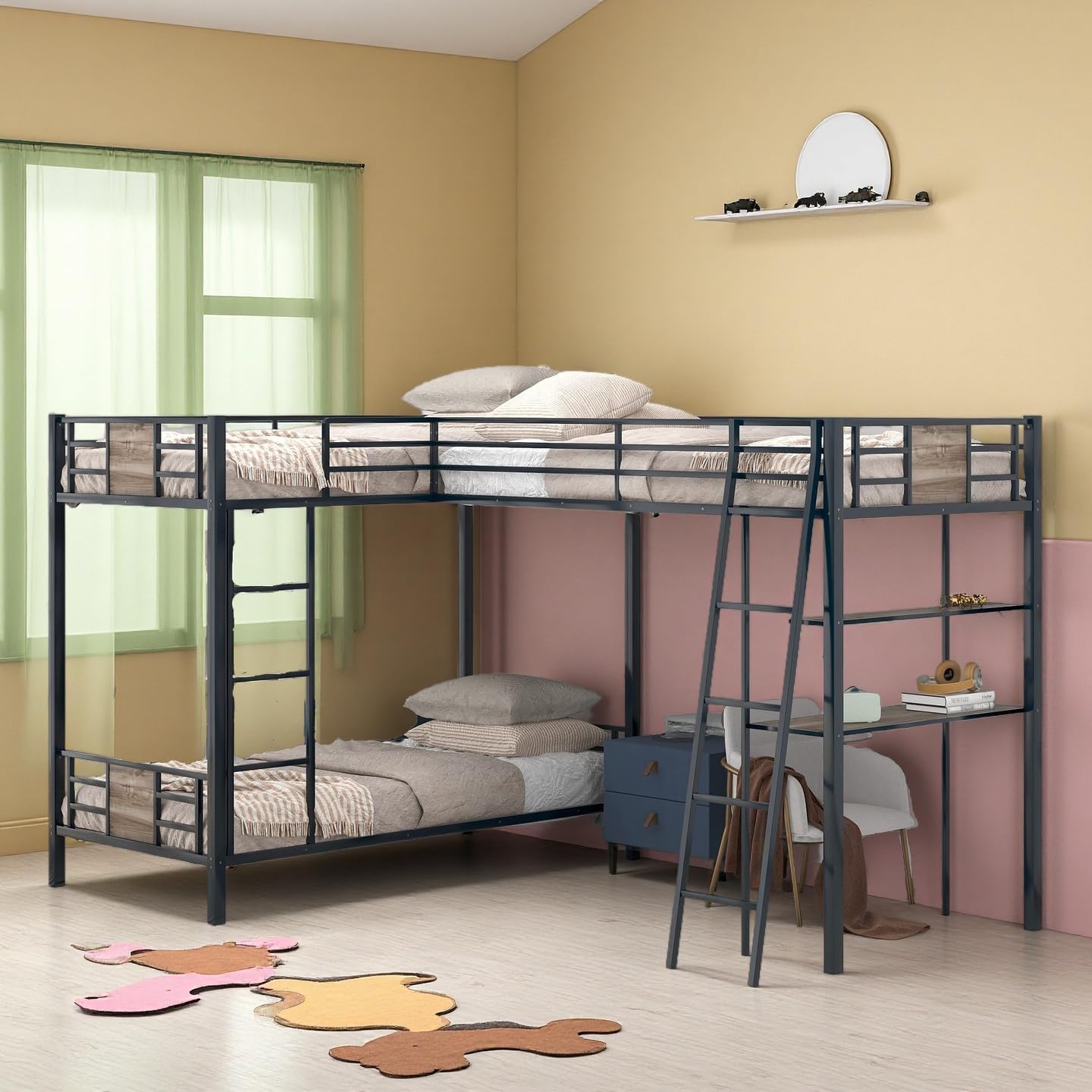 SOFTSEA Metal L-Shaped Bunk Bed with Slide and Small Desk, Twin Over Full and Twin Triple Bunk Bed for Kids