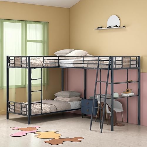 SOFTSEA L-Shaped Triple Beds for 3 Kids Twin Bunk Bed with Desk and Shelves Metal Triple Bunk Bed with Two Ladders Double Twin Loft Beds, Black