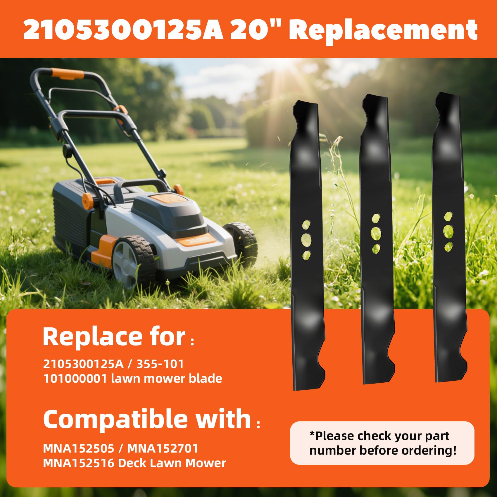 Paquete de 3 cuchillas para cortacésped 2105300125A de 20 pulgadas, repuesto para cuchillas de cortacésped 355-101 de 20 pulgadas de largo, 0.12 pulgadas de grosor, 2 1/4 pulgadas de ancho, 1 pulgada