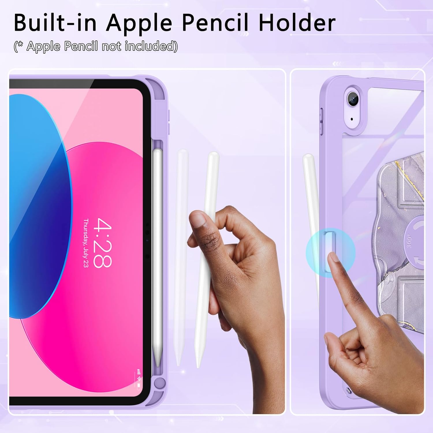 Soke Rotating Case for iPad (A16) 11th Generation 2025, iPad 10th Gen 2022 with Pencil Holder, [Shockproof + Auto Sleep/Wake] 360 Degree Rotation Clear Back for iPad 11"/10.9", Lilac Marble
