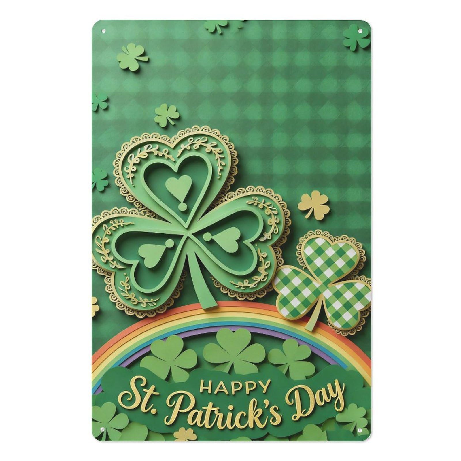 peiyeety Happy St Patrick's Day Vintage Metal Tin Sign 8x12 Inch – Wall Art with Intricate Heart and Vine Shamrock & Gingham Clover, Rainbow Background, Green Plaid Print, Irish Pub Decor
