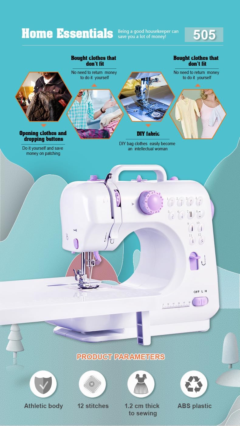 Sewing Machine for Beginners, Portable Mini Small Sewing Machine with 50 Pcs Fabric and 32 Pcs Sewing Threads Kit, 12 Built-in Stitches 2 Speed with Foot Pedal