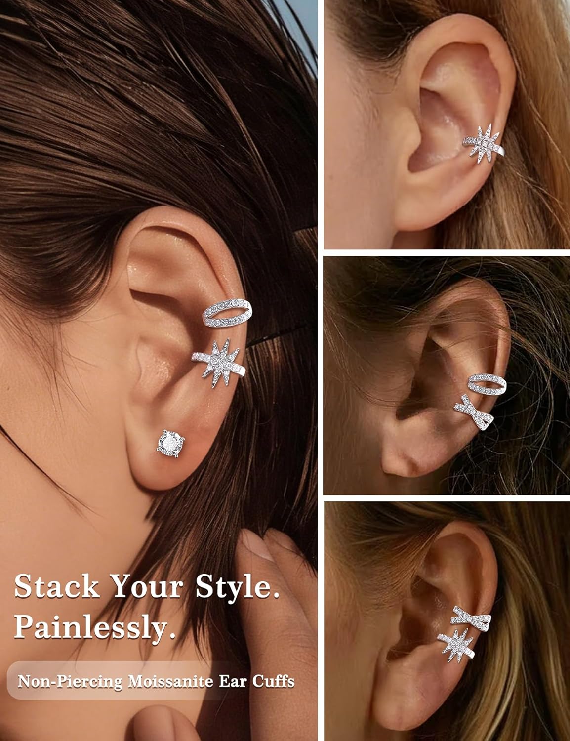 Moissanite Ear Cuff Set for Women Men Non Piercing, 925 Sterling Silver 18K White Gold Plated Hypoallergenic Clip on Cartilage Earring