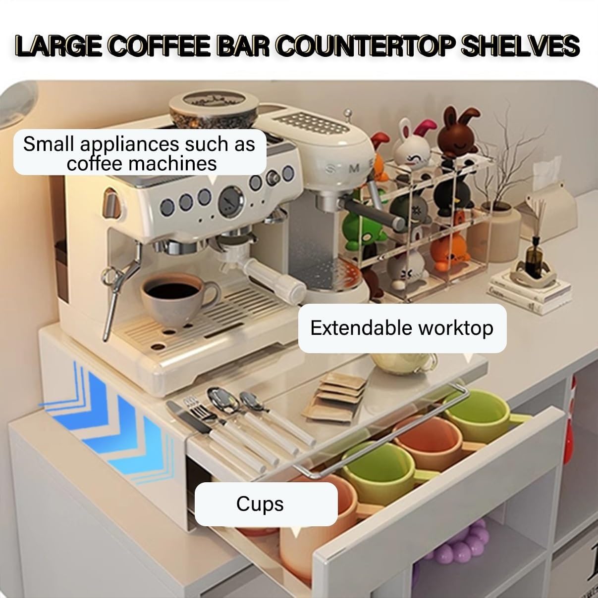 Organizador de barra de café de metal grande para encimera, barra de café y armario de cocina, soporte para tazas de té, estante multiusos para ahorro de espacio en la oficina en casa (blanco)