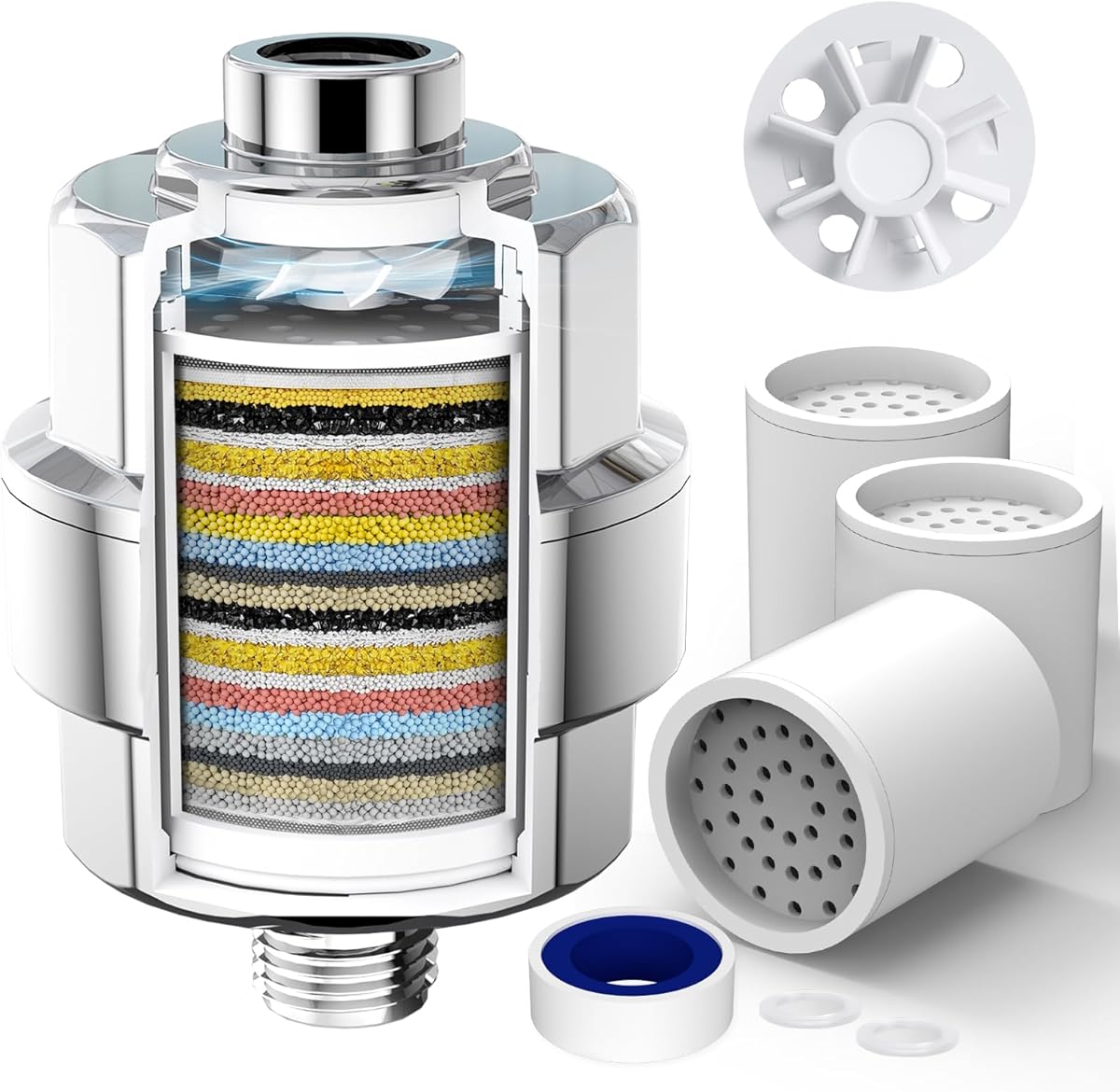 20-Stage Shower Filter-Shower Head Filter for Hard Water, with 3 Replaceable Filter Cartridges, High Output Shower Water Filter for Removing Chlorine and Fluoride, Polished Chrome