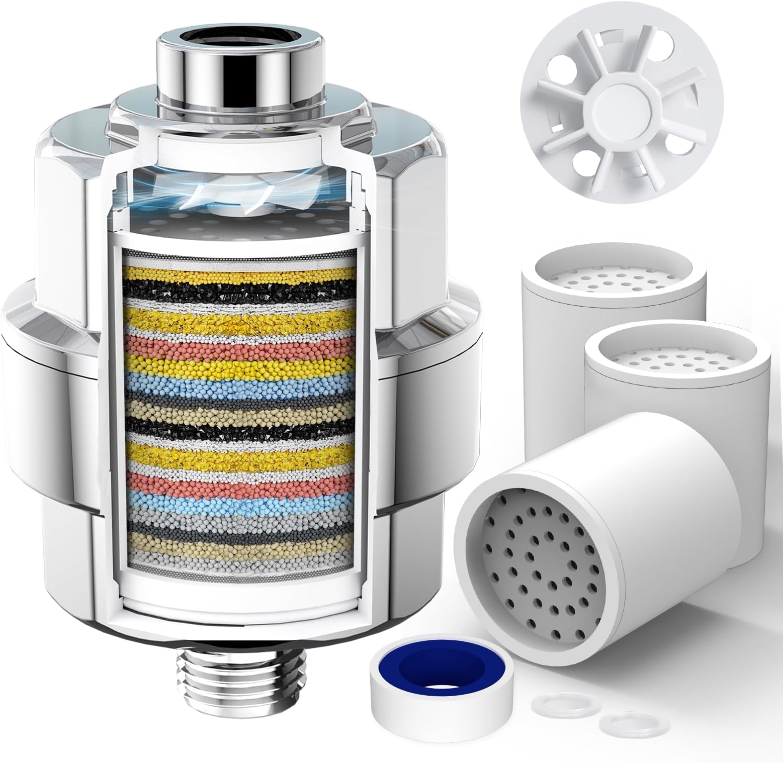 20-Stage Shower Head Filter-for Hard Water, with 3 Replaceable Filter Cartridges, High Output for Removing Chlorine and Fluoride, Polished Chrome