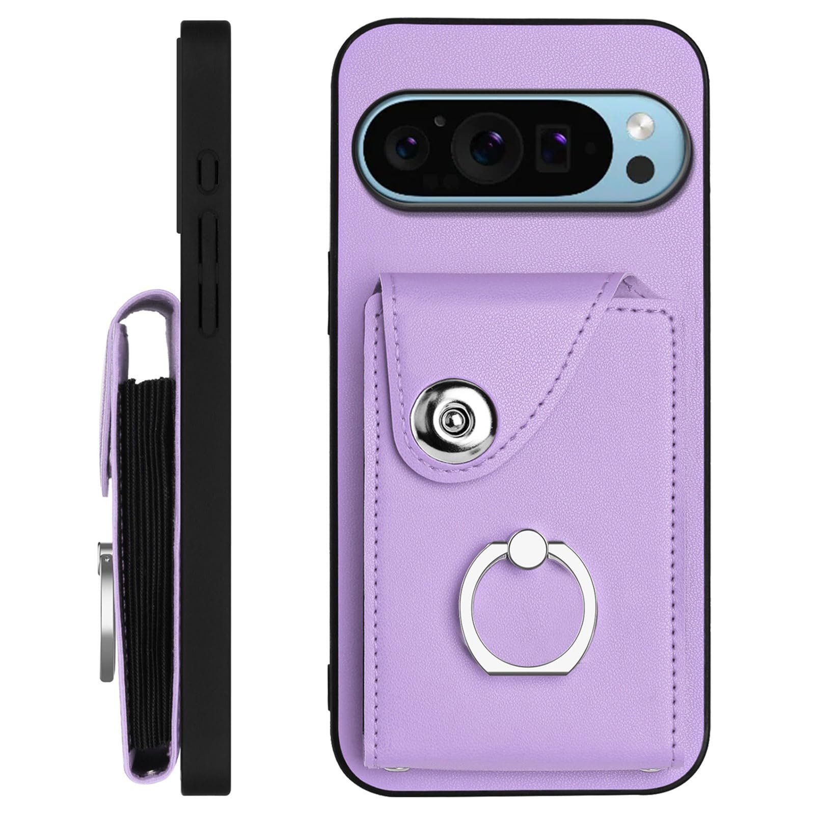 LEMAXELERS Case for Google Pixel 9, Pixel 9 Pro Wallet Case with Card Holder Design 360°Rotation Ring Stand Snap Button Shockproof Protective Case for