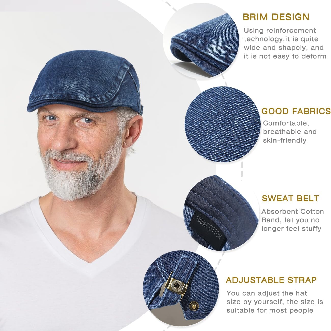 Mens Denim Cotton Newsboy Cap Ivy Gatsby Driving Hunting Cabbie Hat - Image 2
