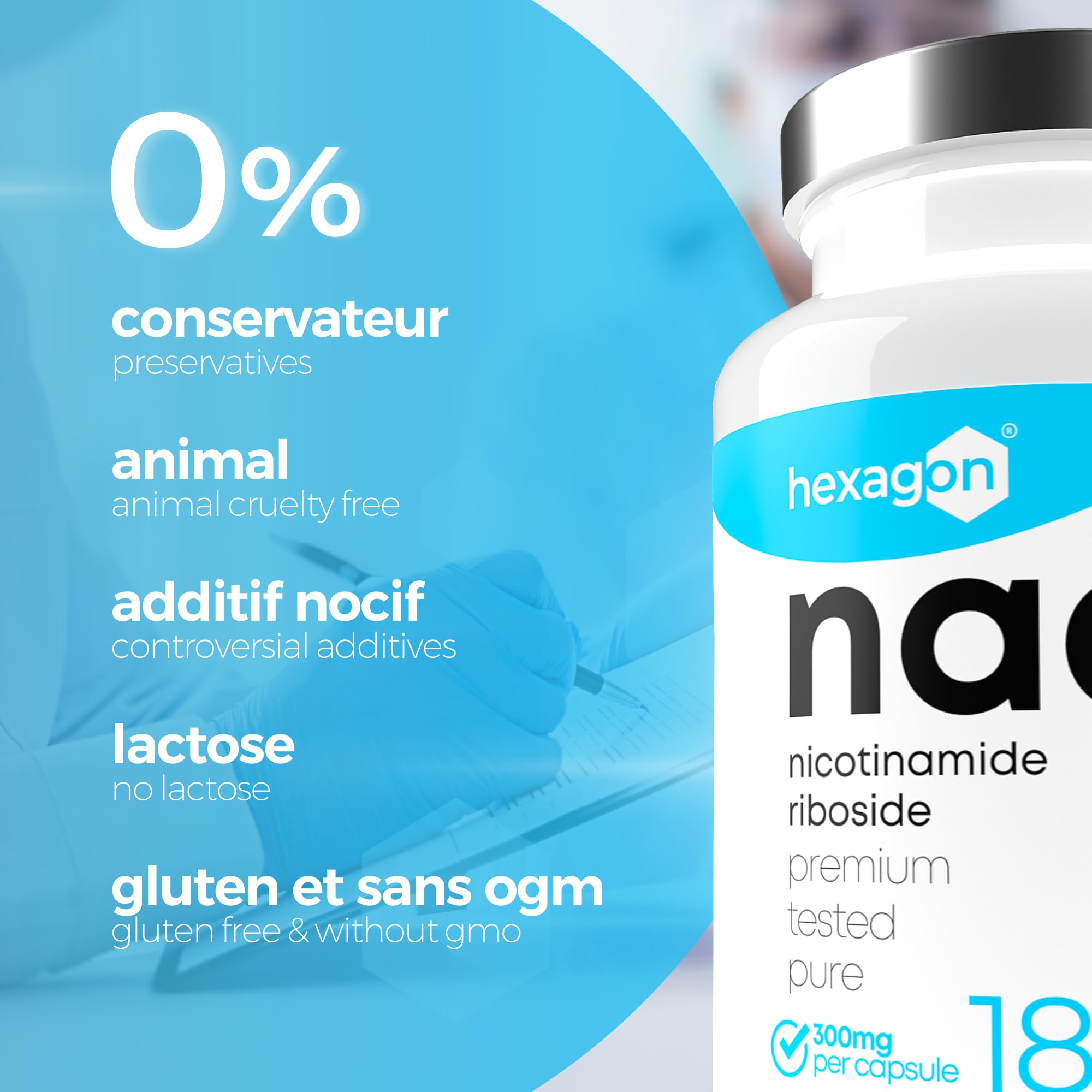 NAD+ Nicotinamide Riboside Chloride 300mg - +6 Mois de Cure - NAD Booster - Anti-Aging & Contre la Fatigue - Made in France - 180 Gélules Végétales - Vegan - Hexagon