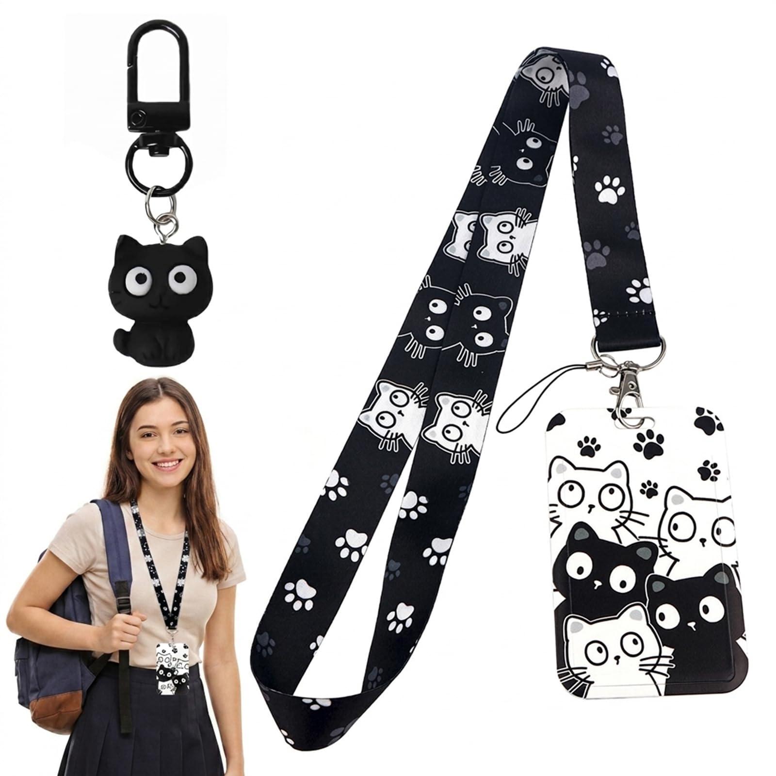 Lanyard with Card Holder, Cute Lanyard Card Holder Plastic ID Card Holders for School Bus, with a Keyring (Cat)