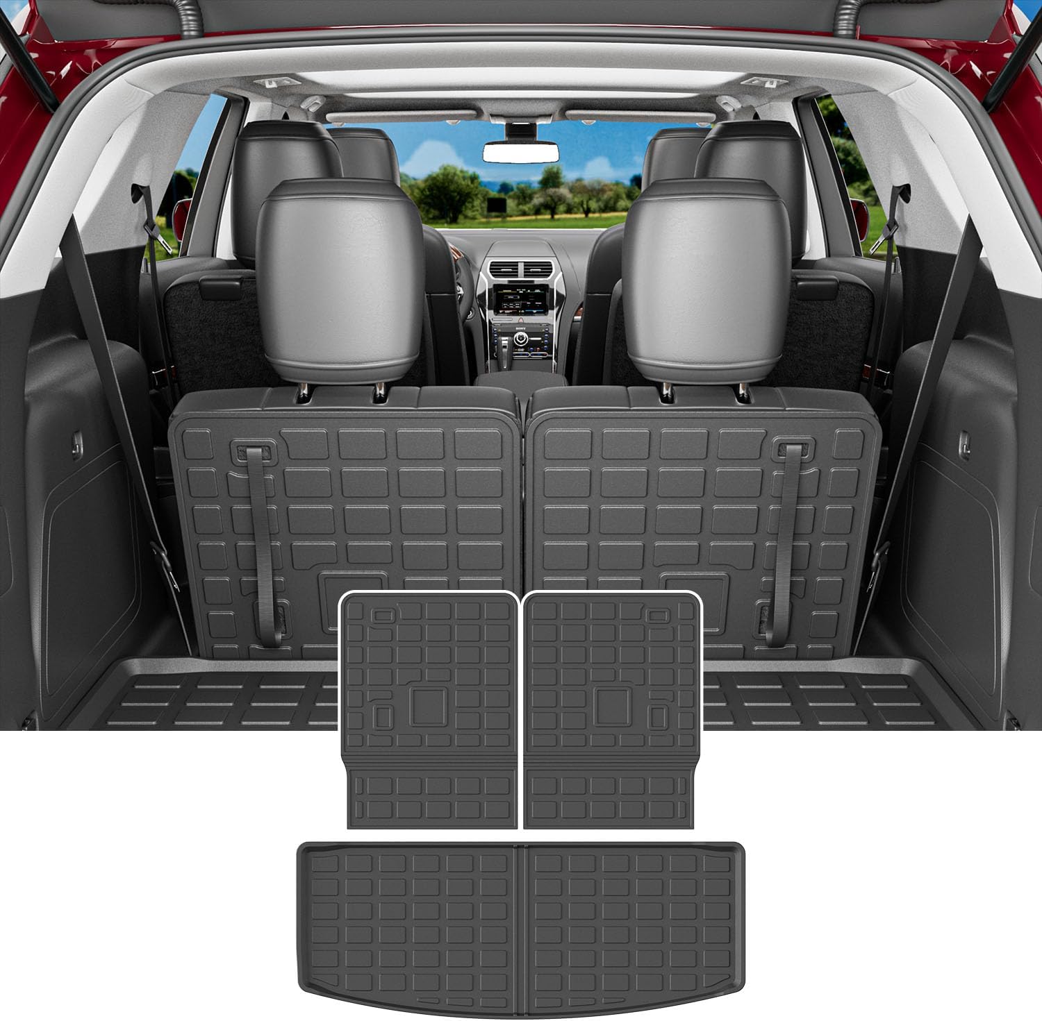 powoq Cargo Mat Compatible with 2020-2025 Ford Explorer 6&7 Seats Backrest Mat TPE Cargo Liner Replacement for 2020-2022 2023 2024 2025 Ford Explorer Accessories(Upgrade Rear Trunk Mat+ Backrest Mat)