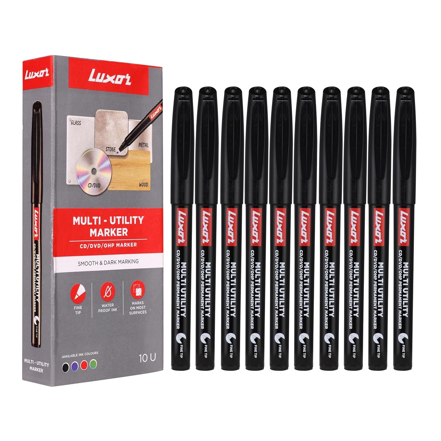Sign Print Lab Luxor Permanent Marker Pens (Fine Tip, Pack of 10) – CD/DVD/OHP Surface Markers, Waterproof Ink for Marking, Writing, Drawing, Black Ball Pen (Black)