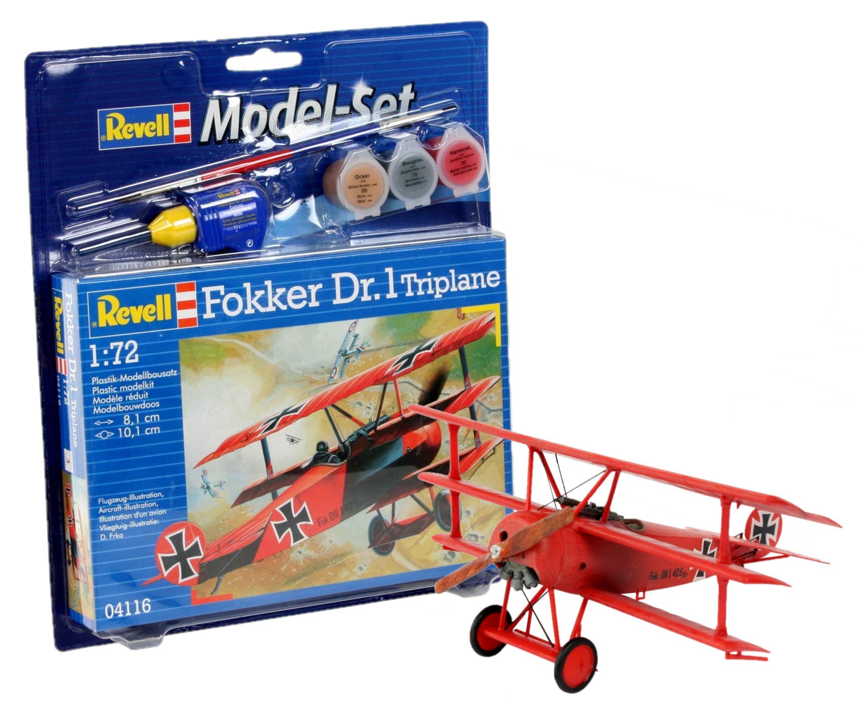 Revell Model Set 64116 Fokker DR.1 Triplane 1:72 Scale Unbuilt/Unpainted Plastic Model Kit with Contacta Professional Glue, Paintbrush & Selected Aqua Color Paints