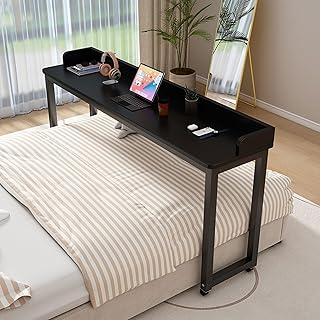 LINLIUA Overbed Table with Wheels, Wood Laptop Desk for Recliner with Carbon Steel Frame,Rolling Tables with Baffle for Home Office Hospital Workstation