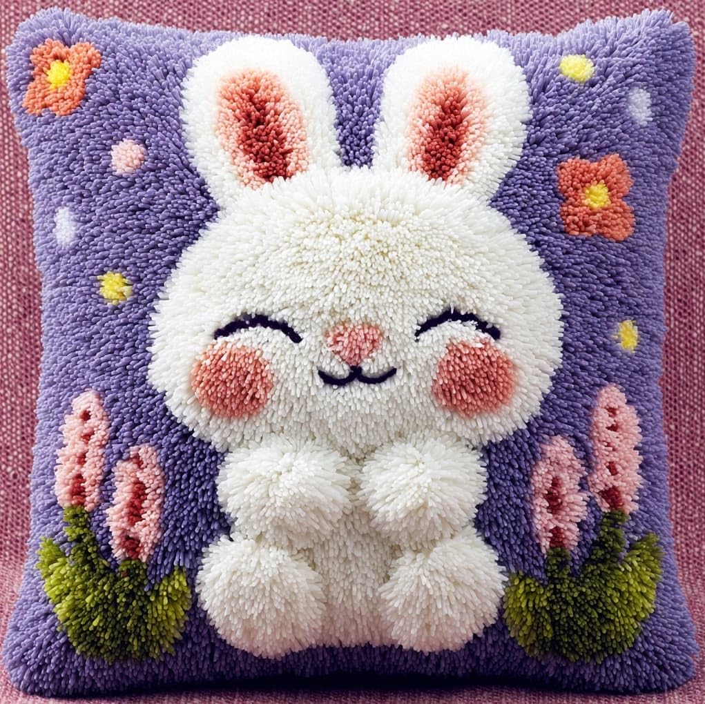 Wallustrioaw Lavender Latch Hook Kit For Cushion Making, And Rabbit,Complete Diy Craft Kit With Yarn, Hook Tool & Guide,Stress Relief Art Project For Adults/Teens,17X17in