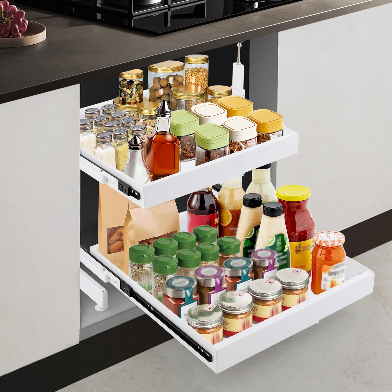 Küchen organizer | Organizer küche | Schubladen | Ausziehbarer Schrankorganizer | 2-stufig | Höhen- & Längenverstellbar | 10 kg Tragkraft pro Ebene | Platzsparend für Küche & Bad