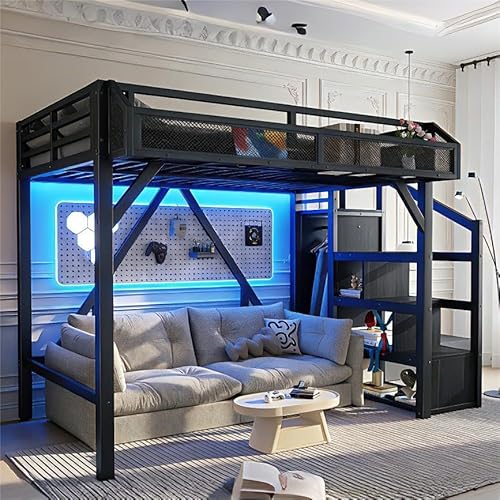 Bellemave Twin Loft Bed with Storage Stairs, Beside Shelf & Wardrobe, Metal Loft Bed Twin Size with USB Ports & LED Light, Large Under-Bed Space Loft Beds for Adults, Teens, Kids, Black