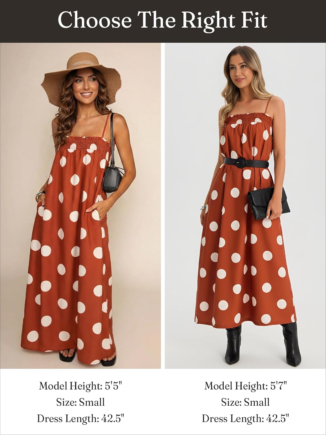 Wenrine Womens Summer Polka Dot Maxi Dress Casual Spaghetti Strap Smocked Loose Vacation Beach Dresses with Pockets