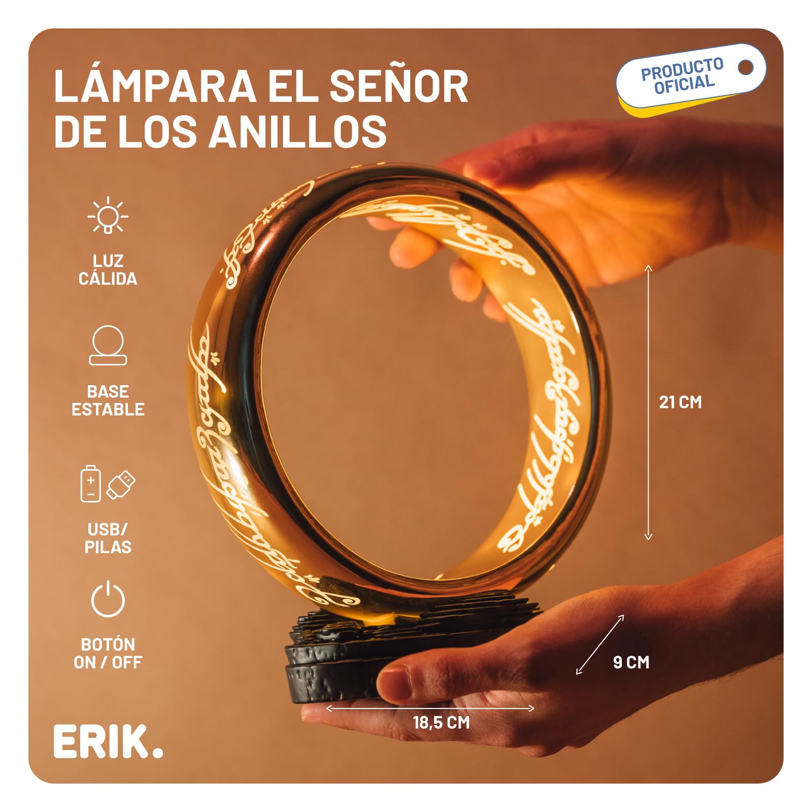 Lampara El Señor de los Anillos Anillo único - Lampara escritorio Gaming o Mesita Noche │ El Señor de los Anillos Regalos - Figura con LUZ LED (USB/Pilas) Lord of the rings Merchandising OFICIAL
