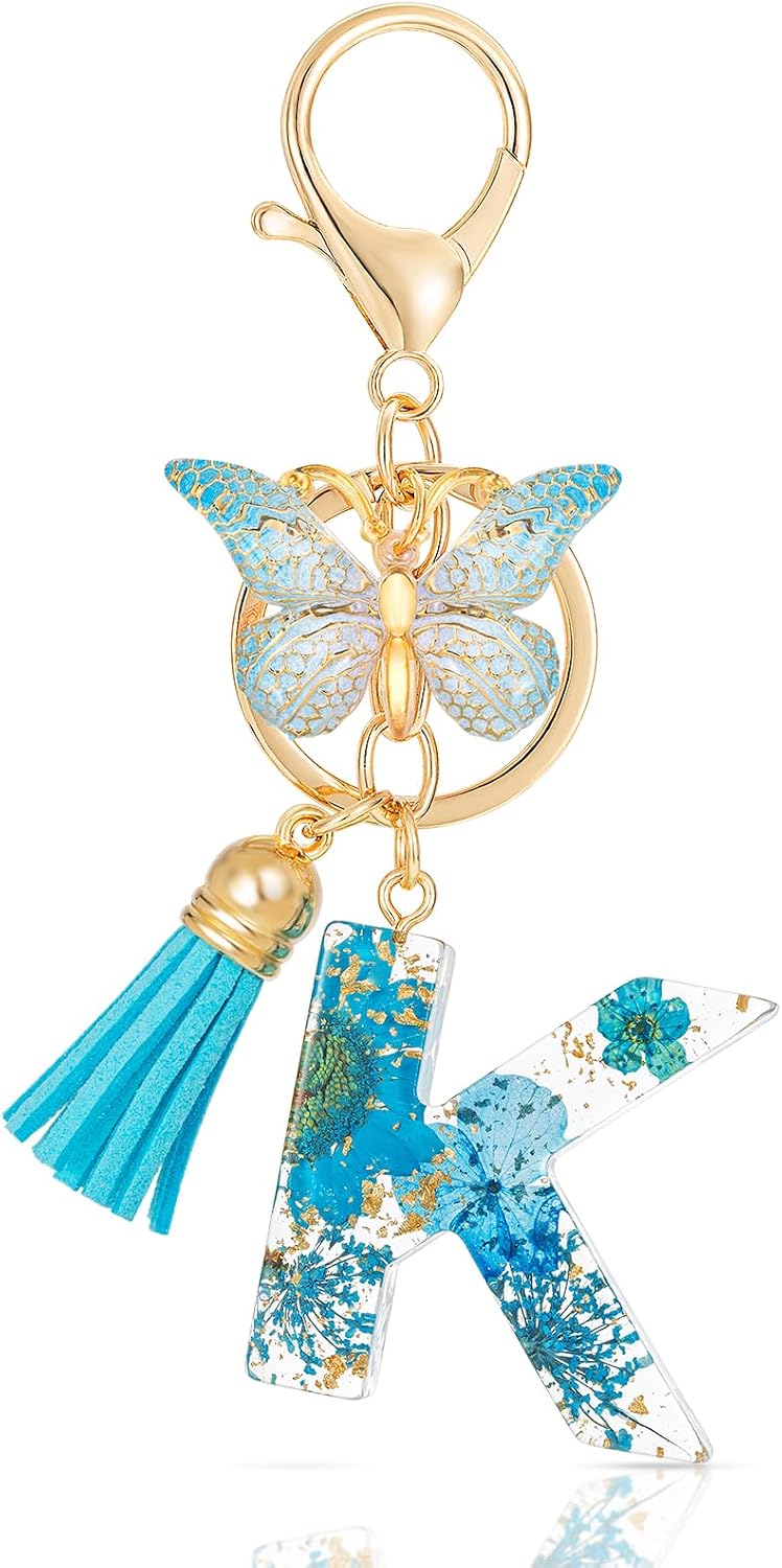 MWOOT Initial Letter Keychain Resin Alphabet Keyrings,Blue Petals Gold Foil Key Ring Charm,Cute Car Key Chain