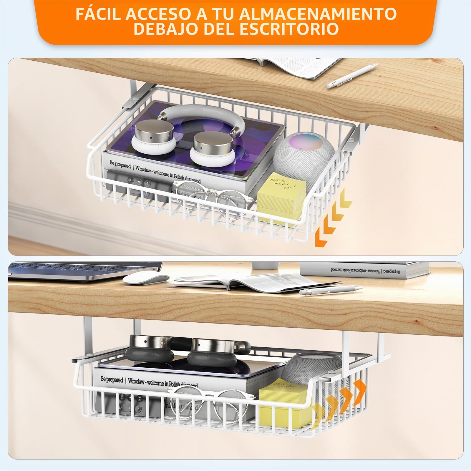 ENONCI Cajones Debajo del Escritorio, Organizador de Escritorio Oculto de Metal, Cajón Debajo de la Mesa Organizador de Gran Capacidad para Oficina Hogar Escuela, Blanco