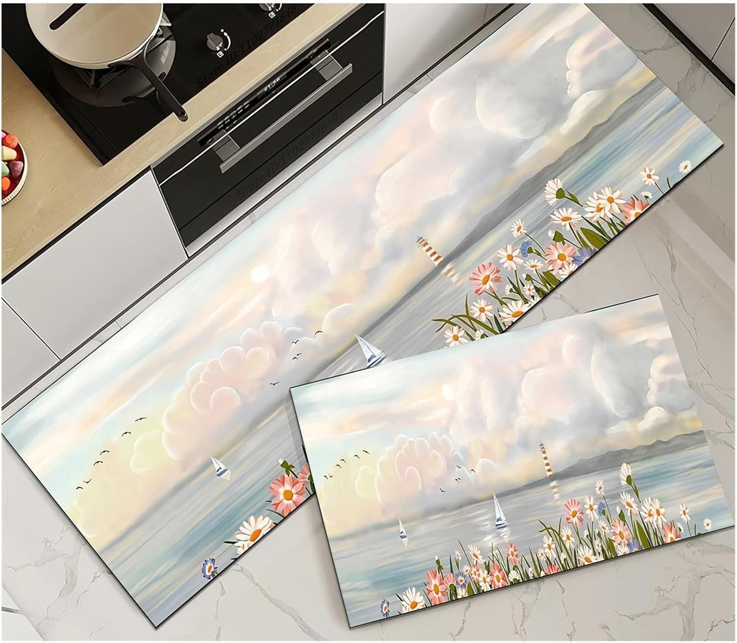 Summer Seascape Floral Floor Mat Sunset Gradient Sailboat Tassel Non-Slip Water-Absorbent Kitchen Bathroom Rug for Kitchen, Floor, Office(Color 2,2PC60X90 60X160CM)
