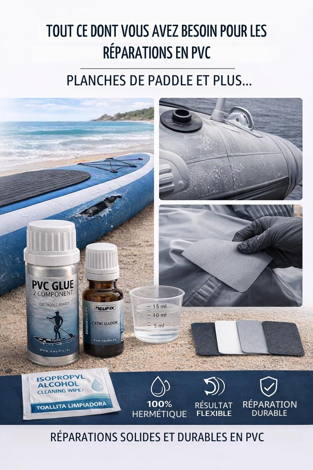 Kit de réparation PVC professionnel 2 composants pour Zodiac, Paddle Surf, Kayak - 125 ml avec patchs, pinceau, gobelet, gants