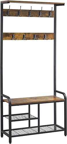 Yaheetech Árbol de pasillo multifuncional 3 en 1 de 72 pulgadas de alto con banco y almacenamiento de zapatos, perchero de entrada con 23 ganchos,
