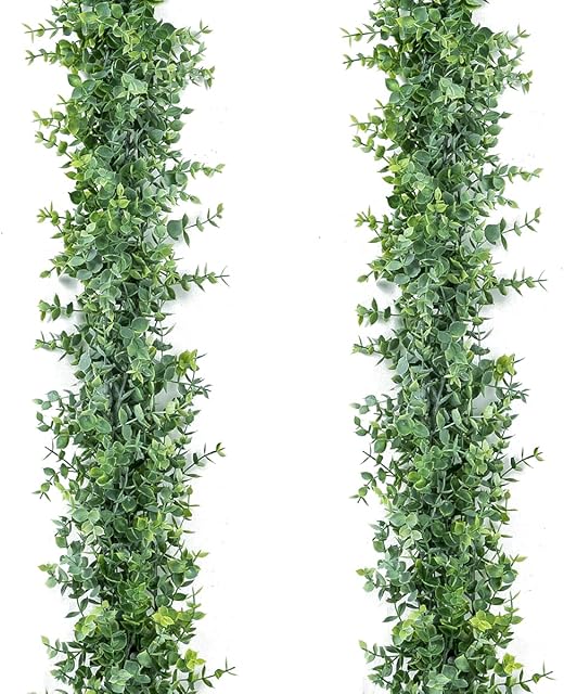 JUSTOYOU 2pcs Artificial Eucalyptus Garlands ,6 Feet Fake Eucalyptus Leaves Vines for Wedding Table Backdrop Arch Wall Decor Doorways Decoration Indoor Outdoor (2 PackGreen and White)