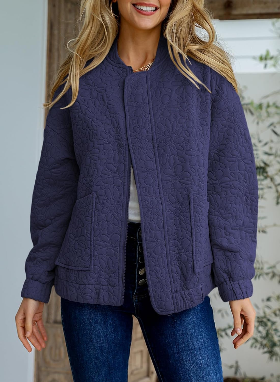 EVALESS Jackets for Women Fashion 2026 Spring Outfits Business Casual Womens Clothes Cute Jacquard Coat Classic Bomber Jacket Lightweight Long Sleeve Stand Collar Zip Up Blue Tops with Pocket, Small - Image 3