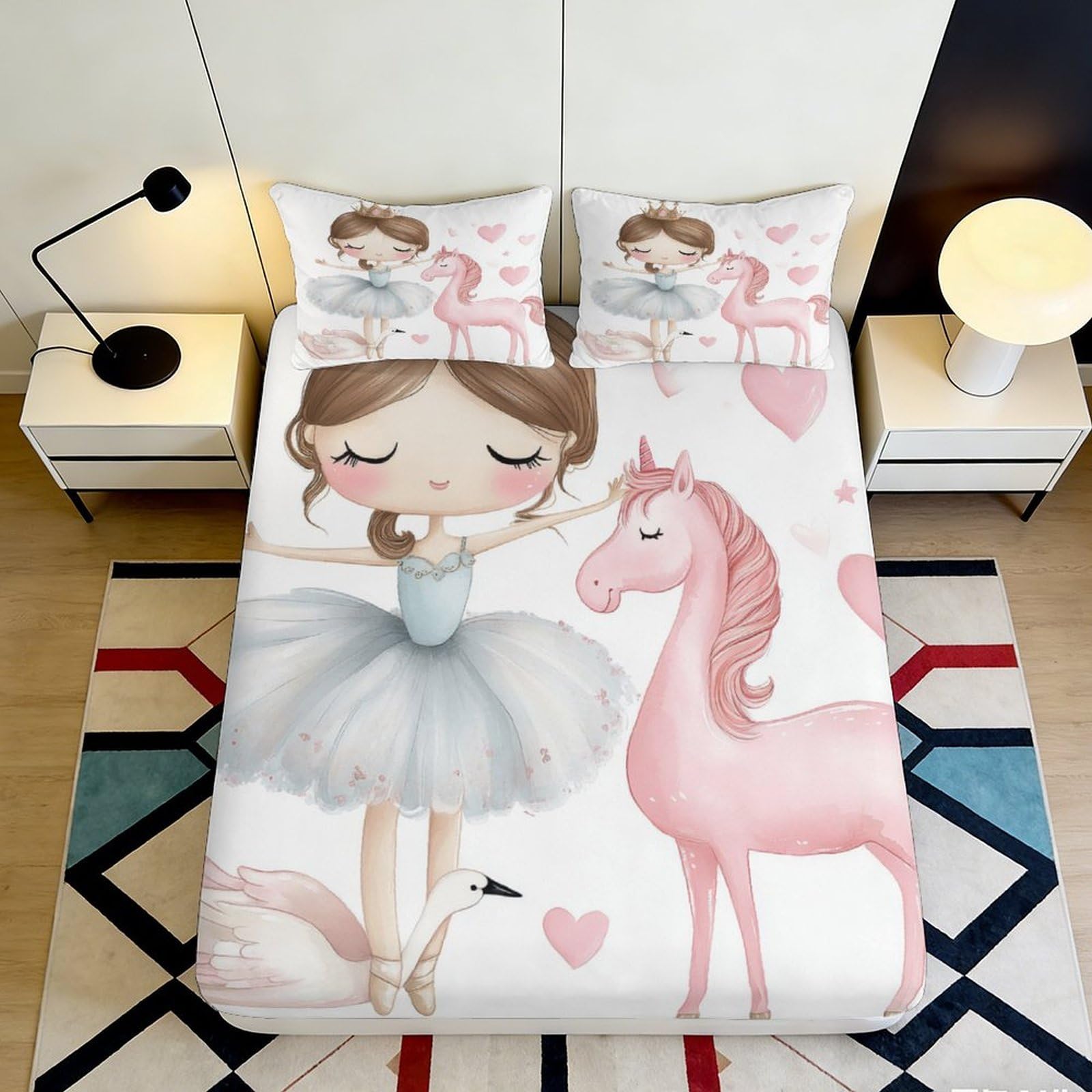 3D Printed Ballerina Unicorn Fitted Sheet Microfiber Pink Cartoon Bed Cover for Bedroom Dorm Mattress Protector 160x200x25cm
