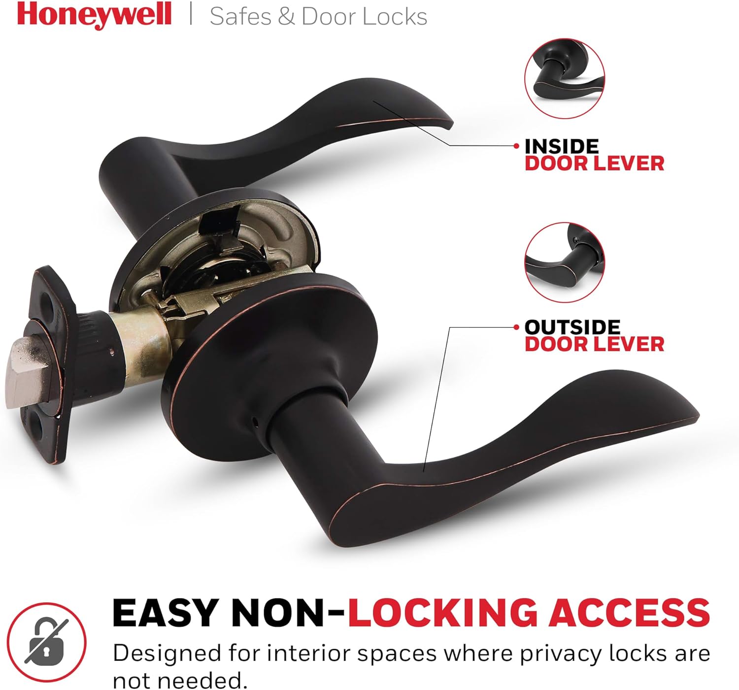 Honeywell Safes & Door Locks - Wave Lever Door Handle with Non-Locking Interior - Passage Front Door Lever is Ideal for Closets & Hallways - 6.88" L x 2.75" W Inches - Oil Rubbed Bronze - 8106403