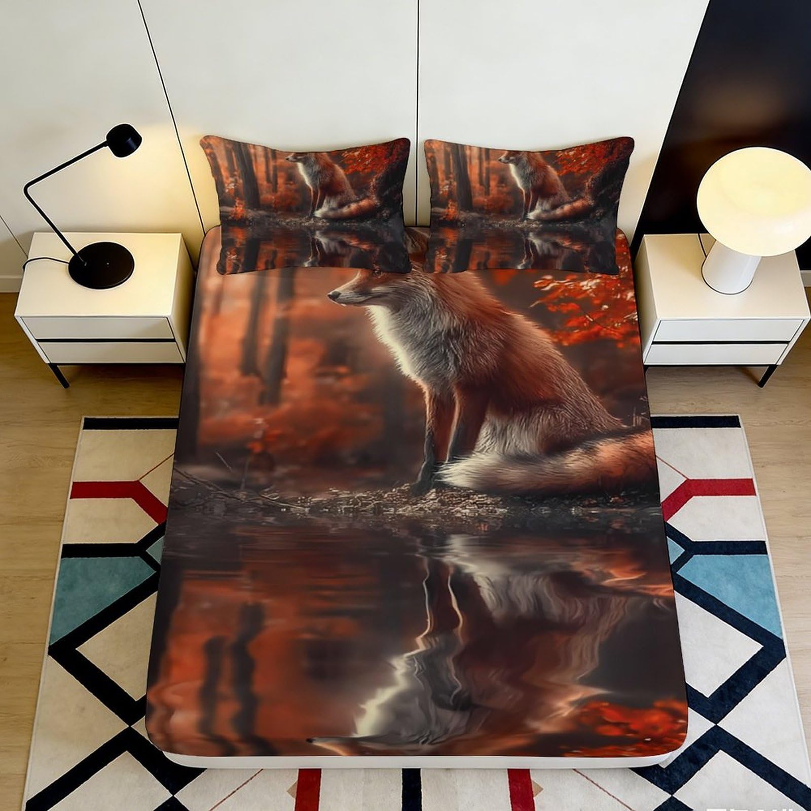 3D Printed Autumn Forest Fox Fitted Sheet Microfiber Soft Breathable Woodland Reflection Bed Cover for Bedroom Guest Room Decor 200x200x25cm