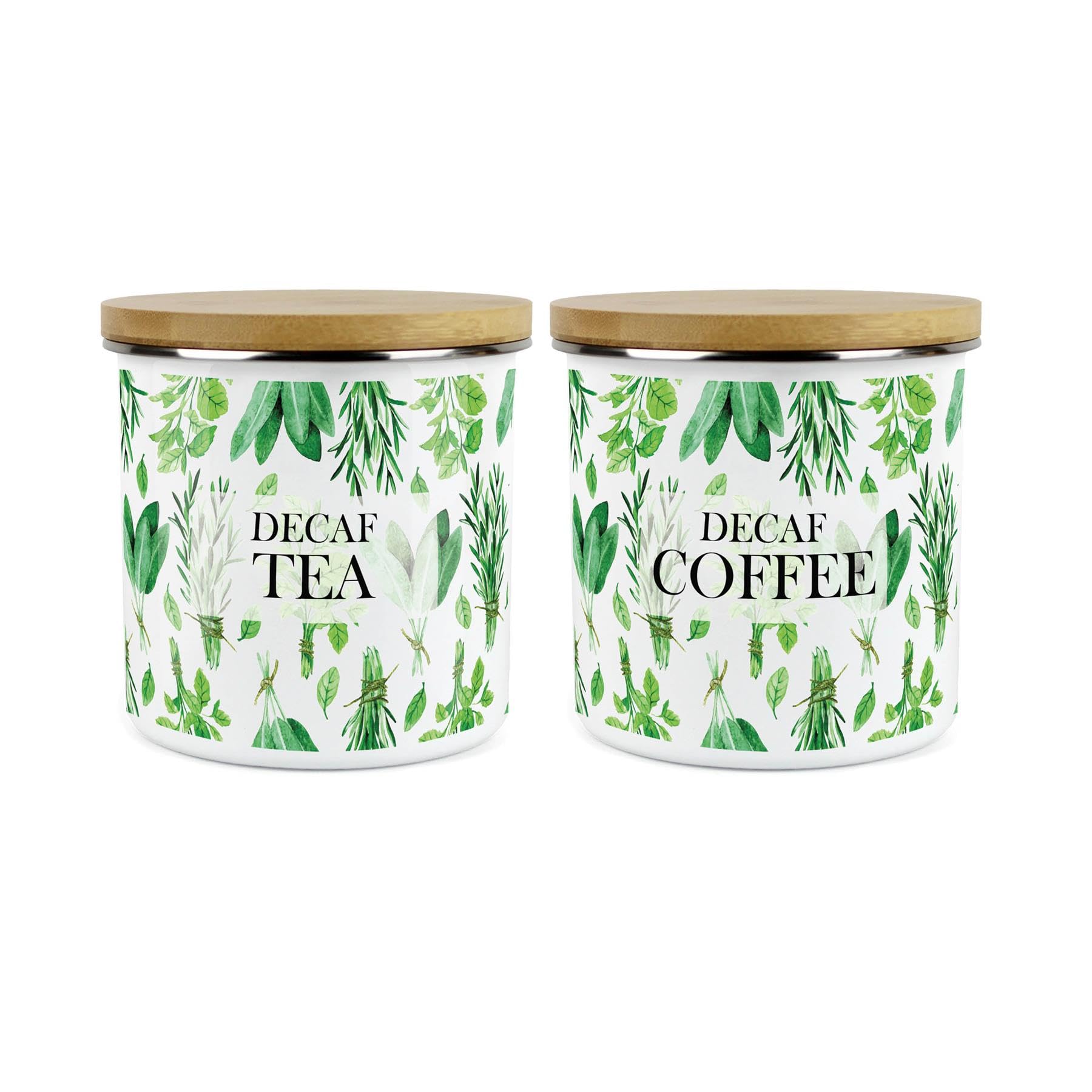 Purely Home Kitchen Herbs Storage Canisters Set - White & Green Leaf Decaf Tea/Decaf Coffee Homewares Presents - Metal Enamel Hot Drinks Storage Container Kitchen Gift Set of 2