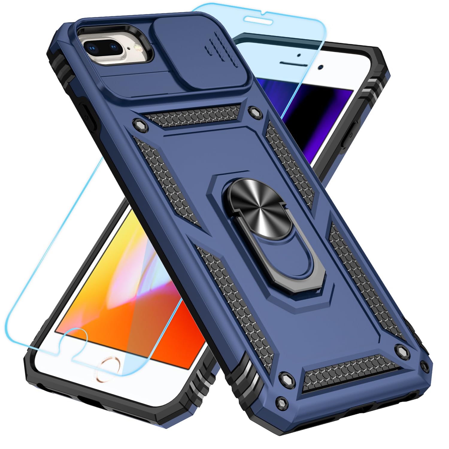 SunStory Compatible with iPhone 8/7/6 Plus Case with HD Screen Protector & Slide Camera Cover & Rotated Ring Kickstand, [Military-Grade] Phone Case for iPhone 6/7/8 Plus (Blue)