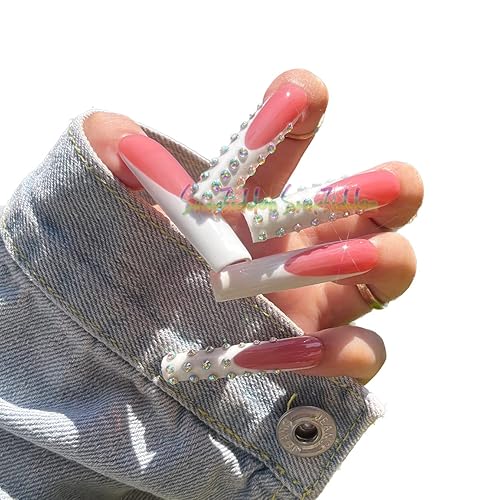 HANDPAINTED French Tips Press on Nails Medium Length Artificial Nails Short Stick on Nails Coffin Press Ons Long Square Fake Nail Set with 7g Nail