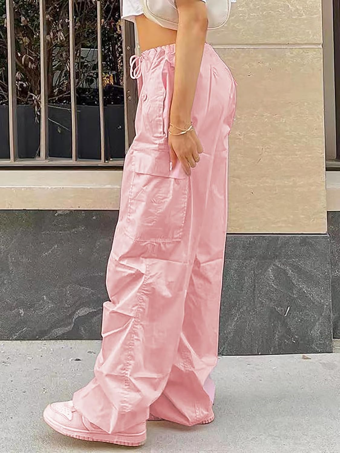 Parachute Pants for Women Elastic Waistline Drawstring Cargo Pants with Pockets Casual Hiking Pants - Image 2