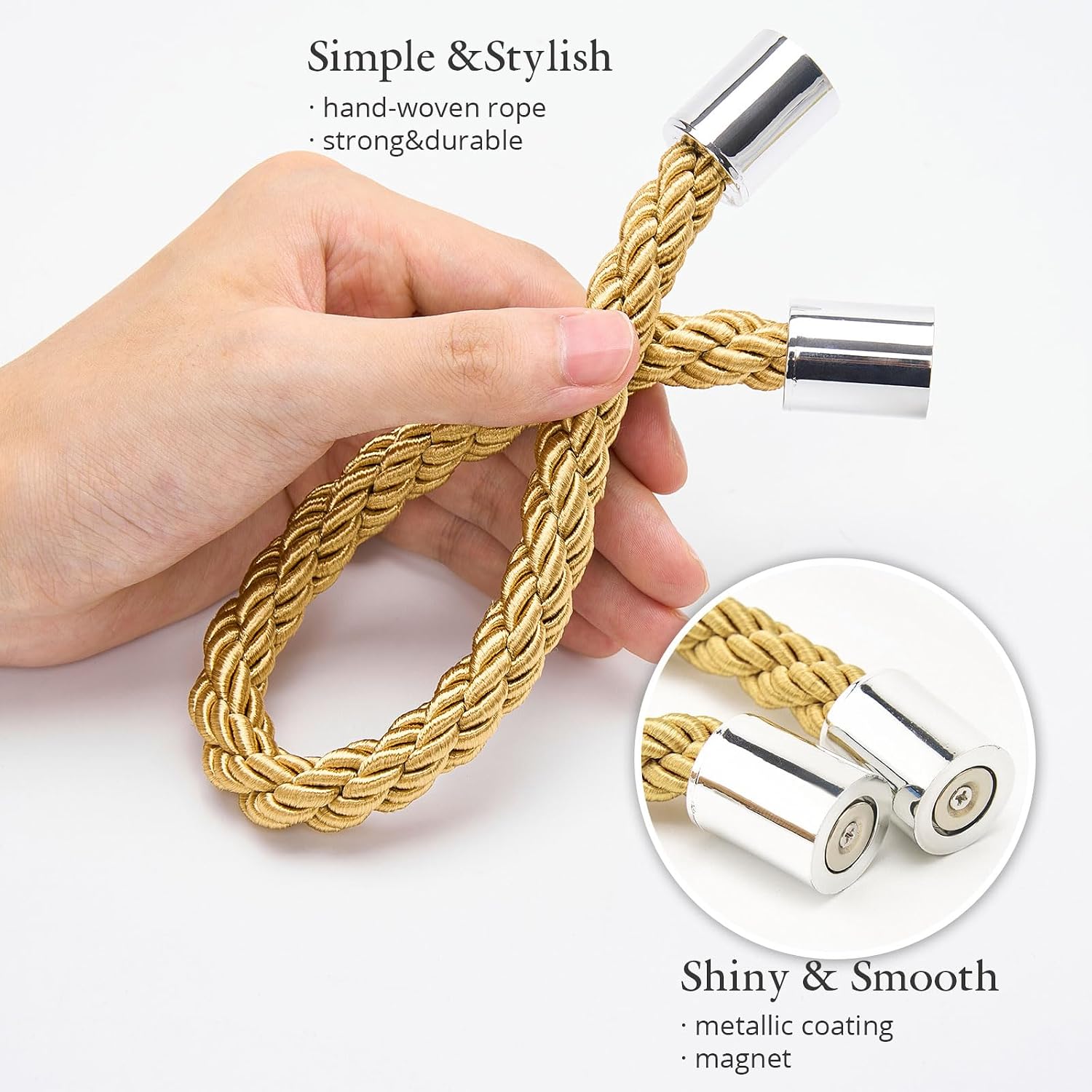 NICEEC 4 Pack Mini Magnetic Curtain Tiebacks Modern Simple Style Drape Tie Backs Elegant Decorative Weave Rope Curtain Holdbacks for Home & Office Thin Window Draperies (Gold) image 4