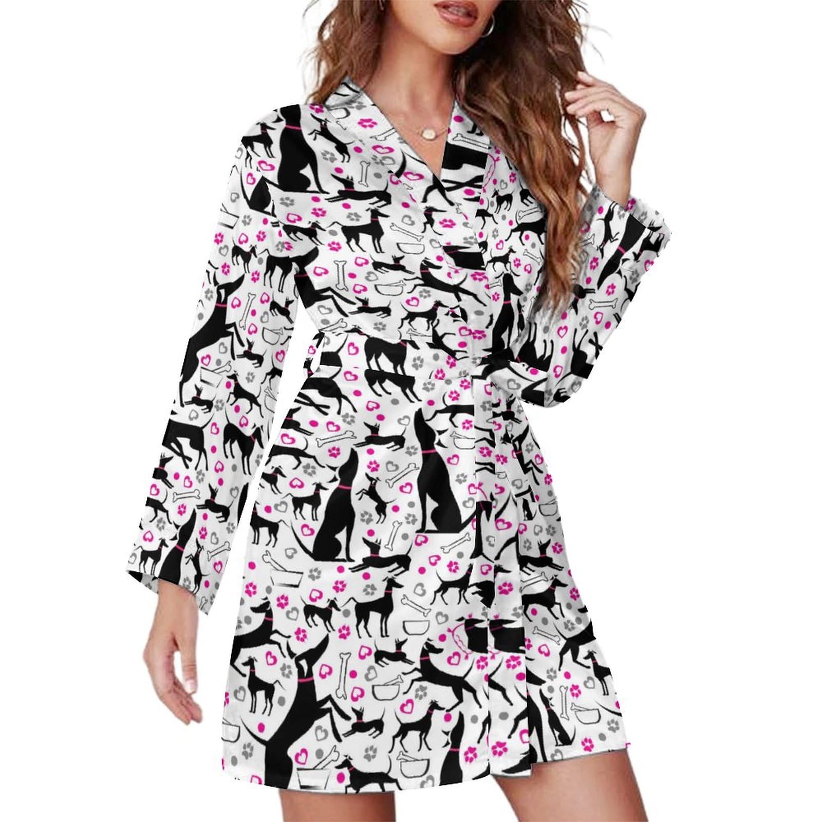 QTAVETEND Womens Knee Length Kimono Robe Greyhounds And Paw Heart Bathrobe Loungewear Pajama Sleepwear M