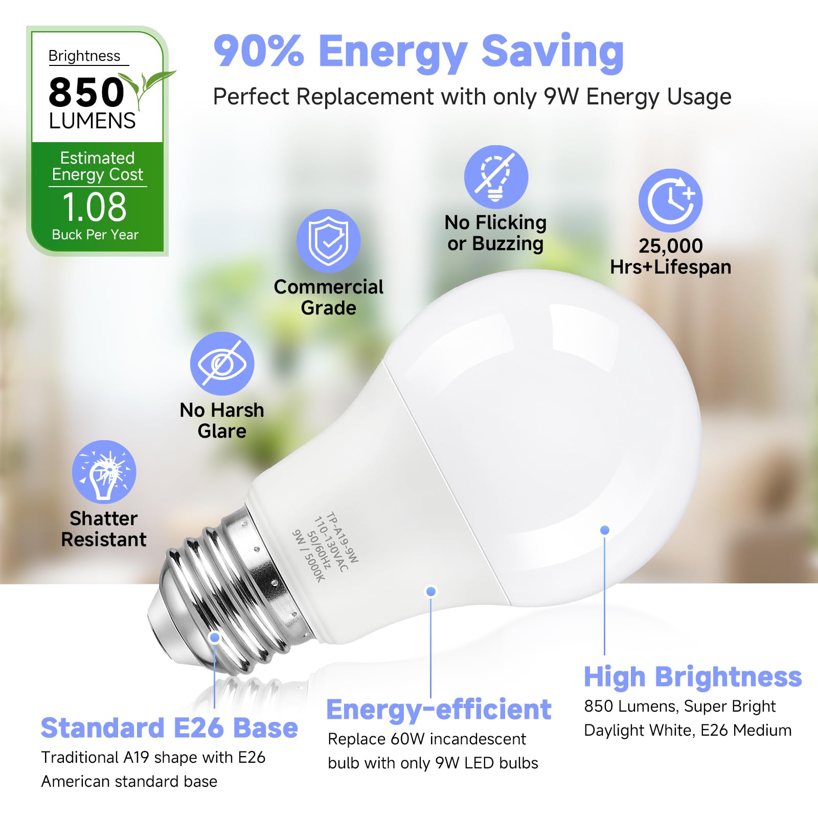 A19 LED Light Bulb 60 Watt Equivalent LED Bulbs 5000K Daylight White 850LM E26 Base Non-Dimmable 9W Bright — view 9