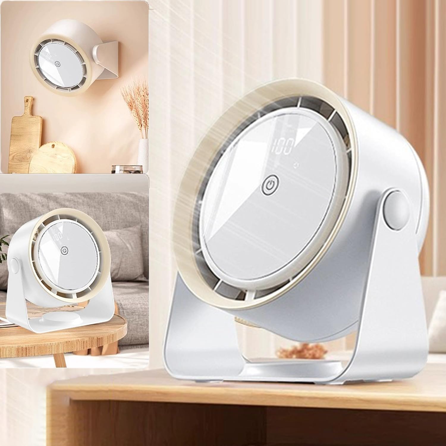 Portable Fan, Wall Mounted or USB-Powered Desk Fan, Quiet Operation with LED Display, 3600mAh Battery, 100 Speeds, 360° Tilt Adjustment, Suitable for Home, Office, Outdoor, and Kitchen (White)