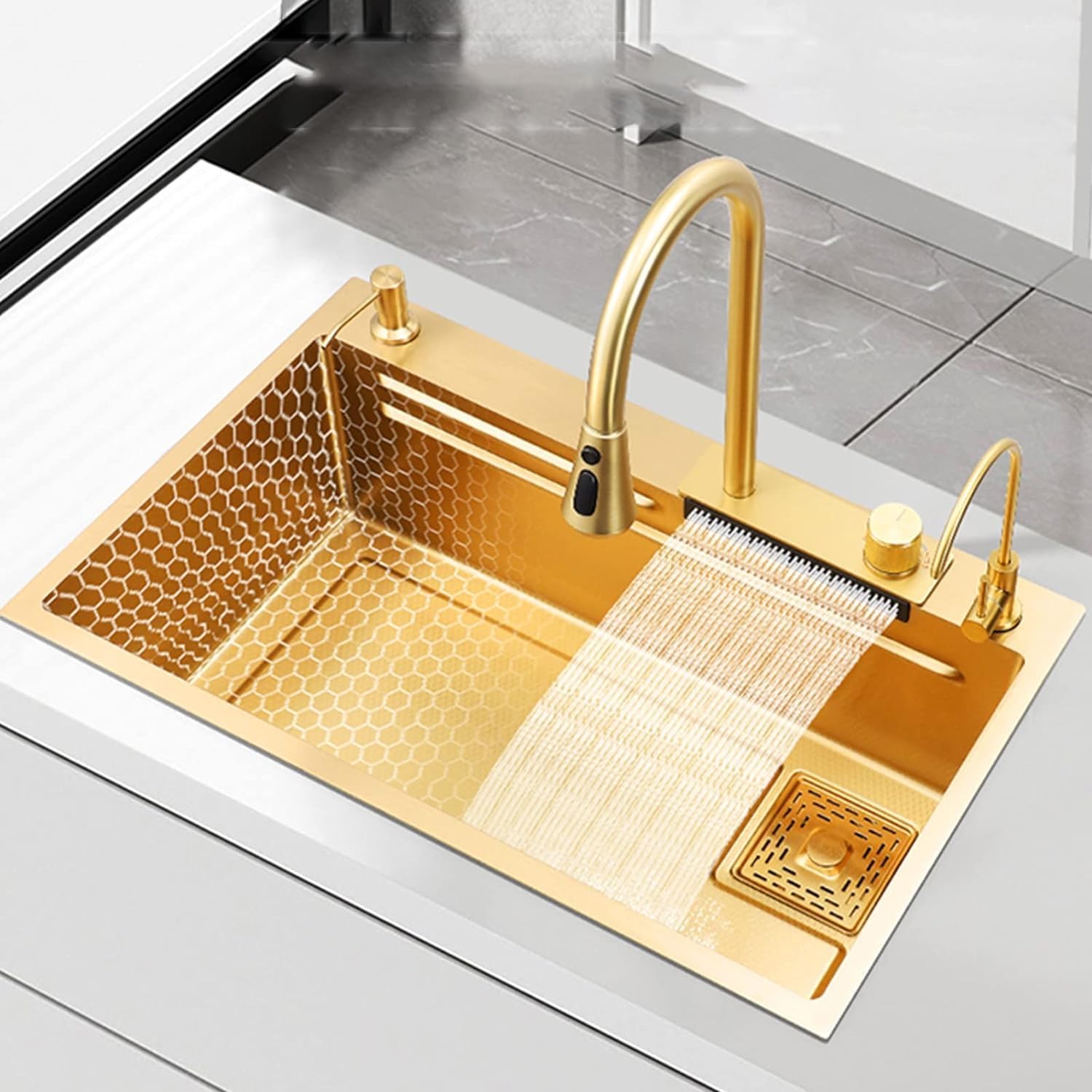 Gold Waterfall Kitchen Sink with Pull-Out Faucet, Rainwater Sink for Home & Bar, Includes Chopping Board & Glass Washer, Great for Hotels & Modern Kitchens