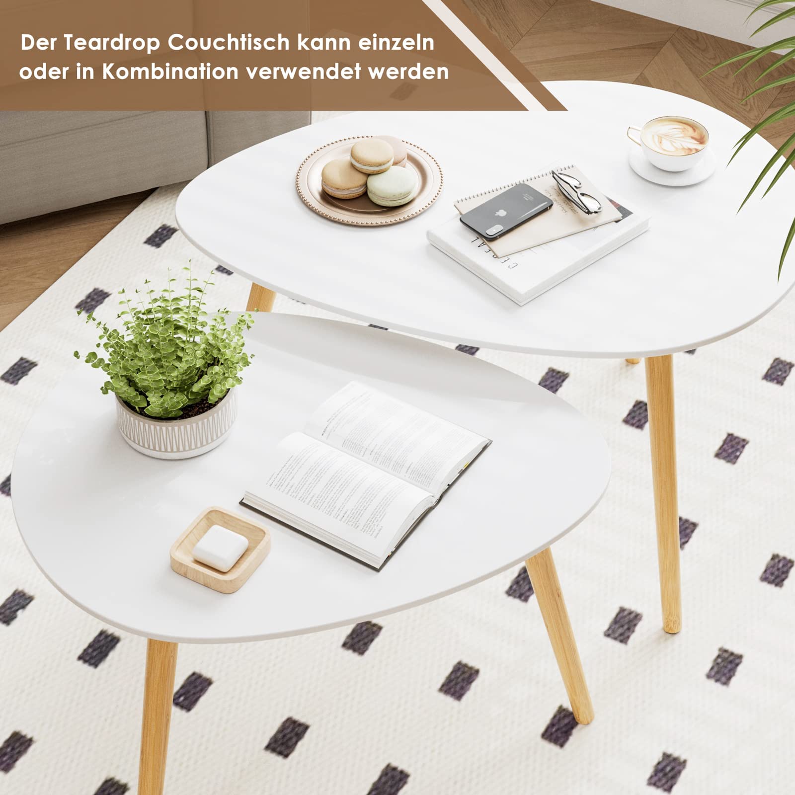 FORHILL Set 2 Tavolini da Salotto,Tavolini Sovrapponibili Stile Scandinavo,Tavolino da caffè Impilabili in Legno,Per Soggiorno,Camera da letto,studio,Bianco