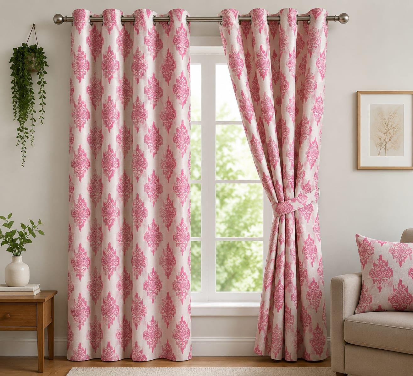 damash ikat print 5ft window curtain for living room & bedroom | premium polyester eyelet curtain | room darkening decorative curtain/pink/pack of 2