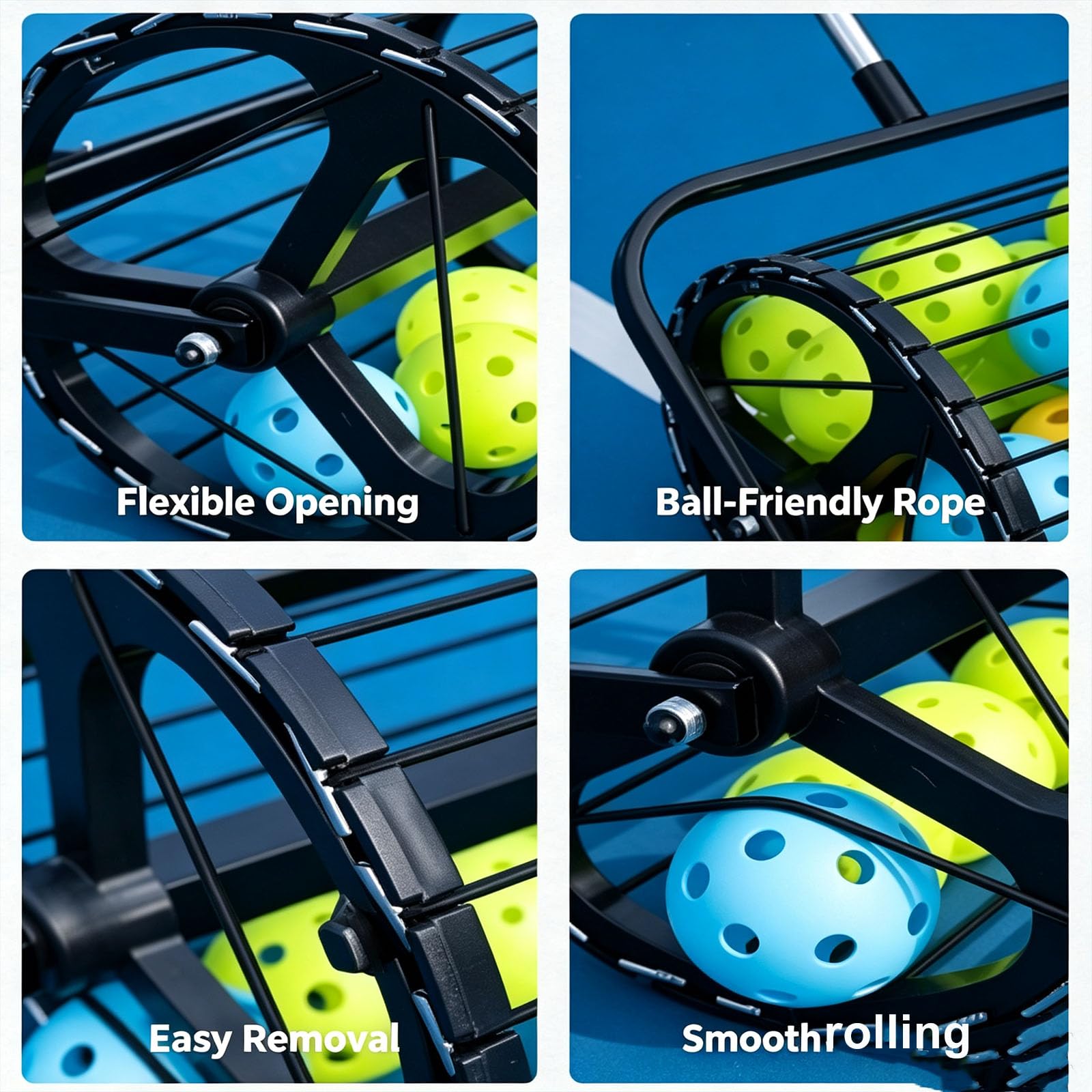 Recolector De Pelotas De Tenis con Ruedas, Tolva para Pelotas De Tenis con Mango Telescópico Ajustable Y Cordones Elásticos, Recuperación Rápida De Pelotas, Capacidad para 30 Pelotas, para