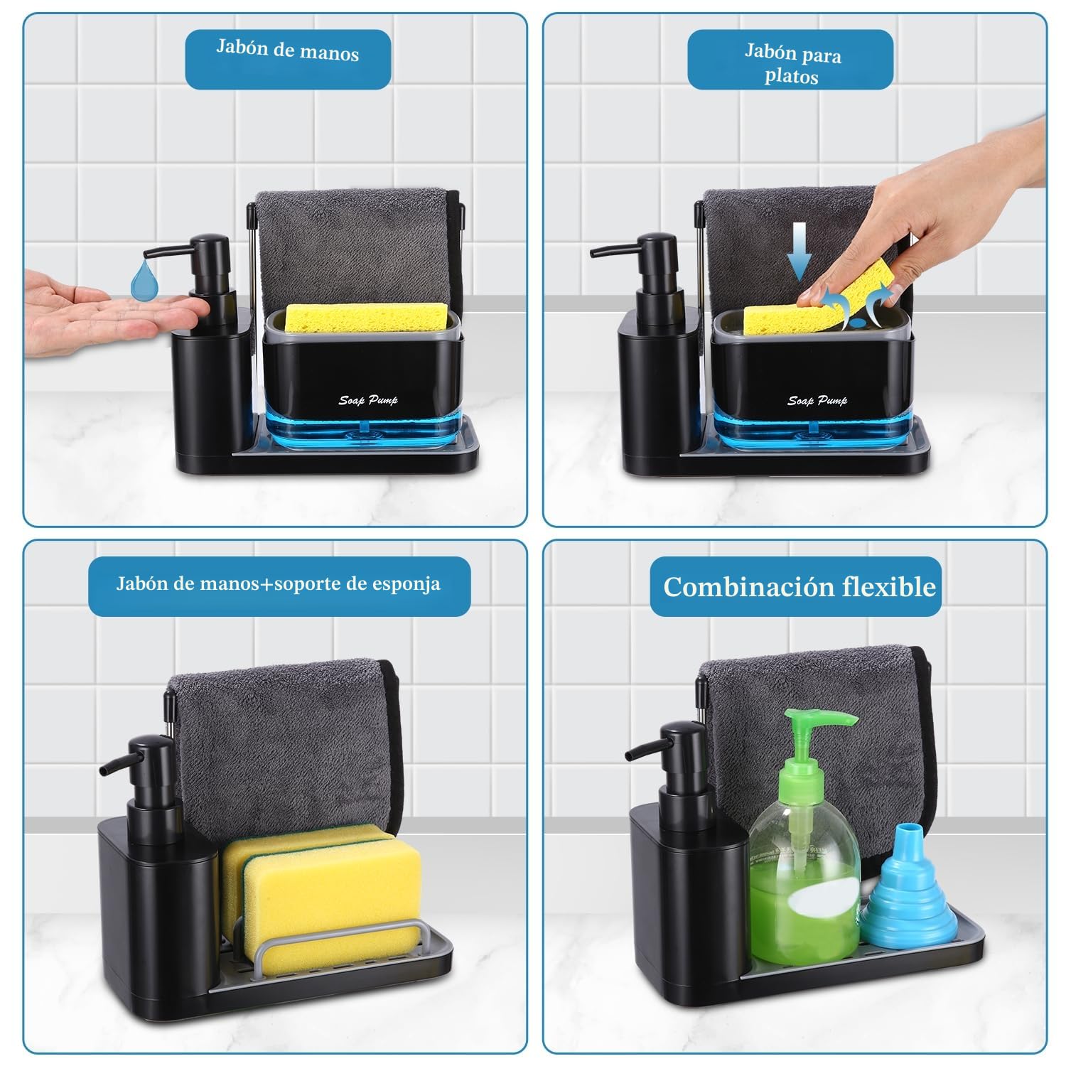 Yulado Jabonera Cocina Negro, Organizador de Fregadero Negro con Bandeja y Soporte para Esponja, detergente Recargable，Dispensadores de Bomba de jabón y Porta esponjas…