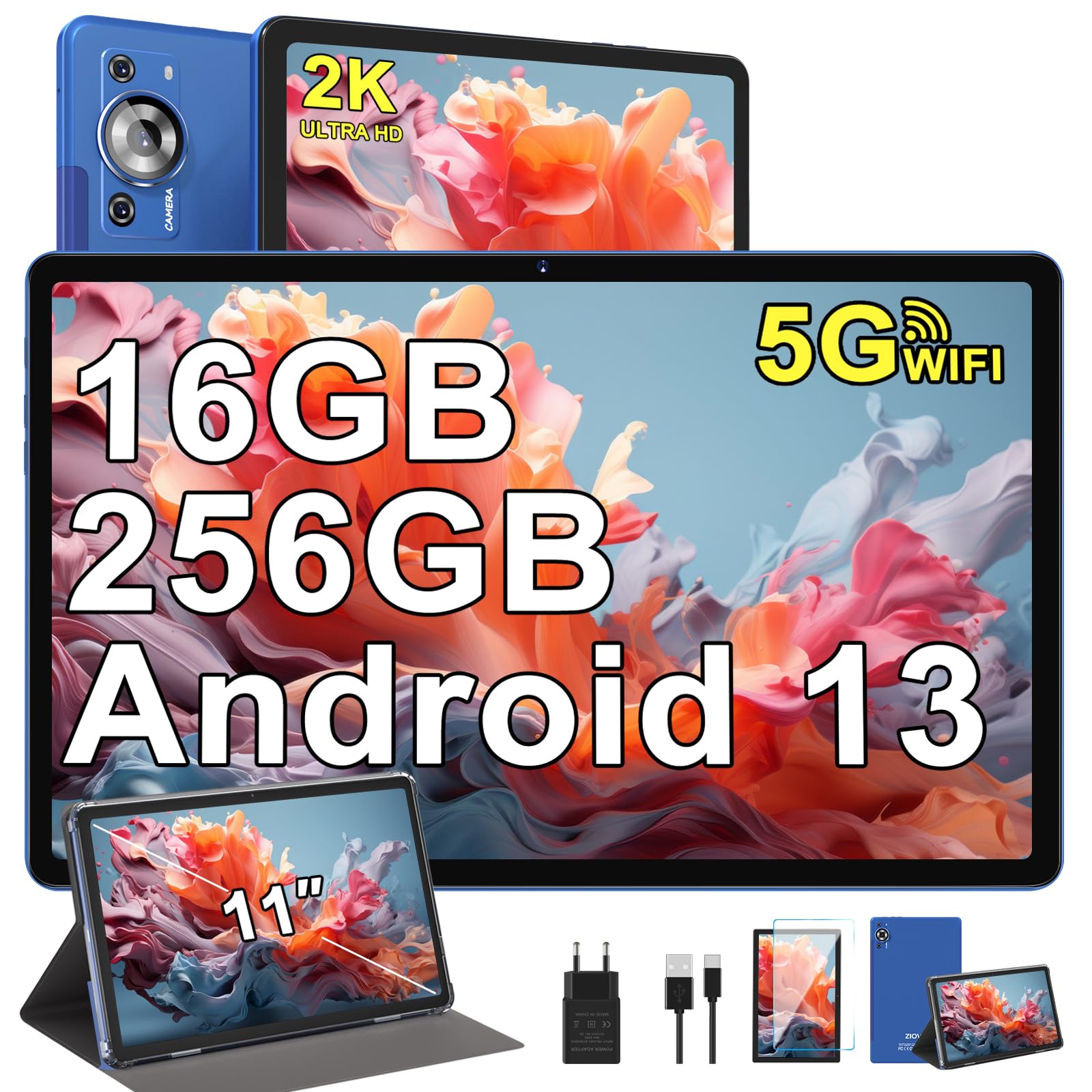 ZIOVO Tablet 11 Pollici Android 13 Tablet PC,16GB RAM+256GB ROM/TF 1TB, Octa Cores 2.0Ghz Tablets, 5G WiFi/Corpo in Metallo/8600mAh/ 2000 * 1200 FHD IPS/13+5MP/GMS/BT5.0/GPS, Tablet con Caso-Blu