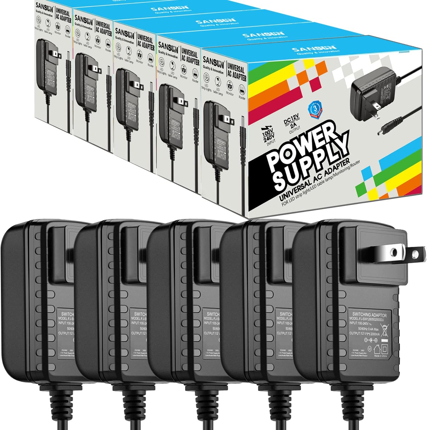 12 V DC Power Supply 2 A 24 W Adapter SANSUN 12 Volt Power Supply for LED Strip Lamps AC120 V to DC12 V Transformer (Pack of 5)