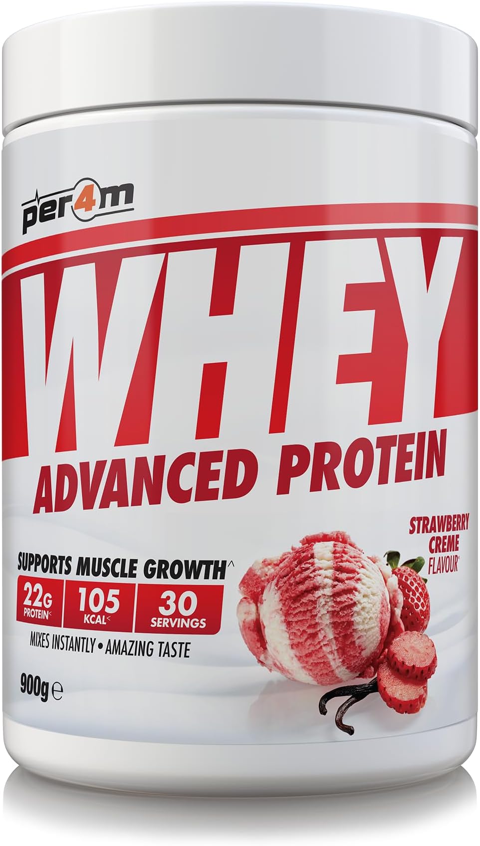Per4m Whey Protein Powder | High Protein Shake for Muscle Growth & Recovery | Low Sugar Gym Supplement | Sports Nutrition Drink + Amino Acids (900g, Strawberry Creme)