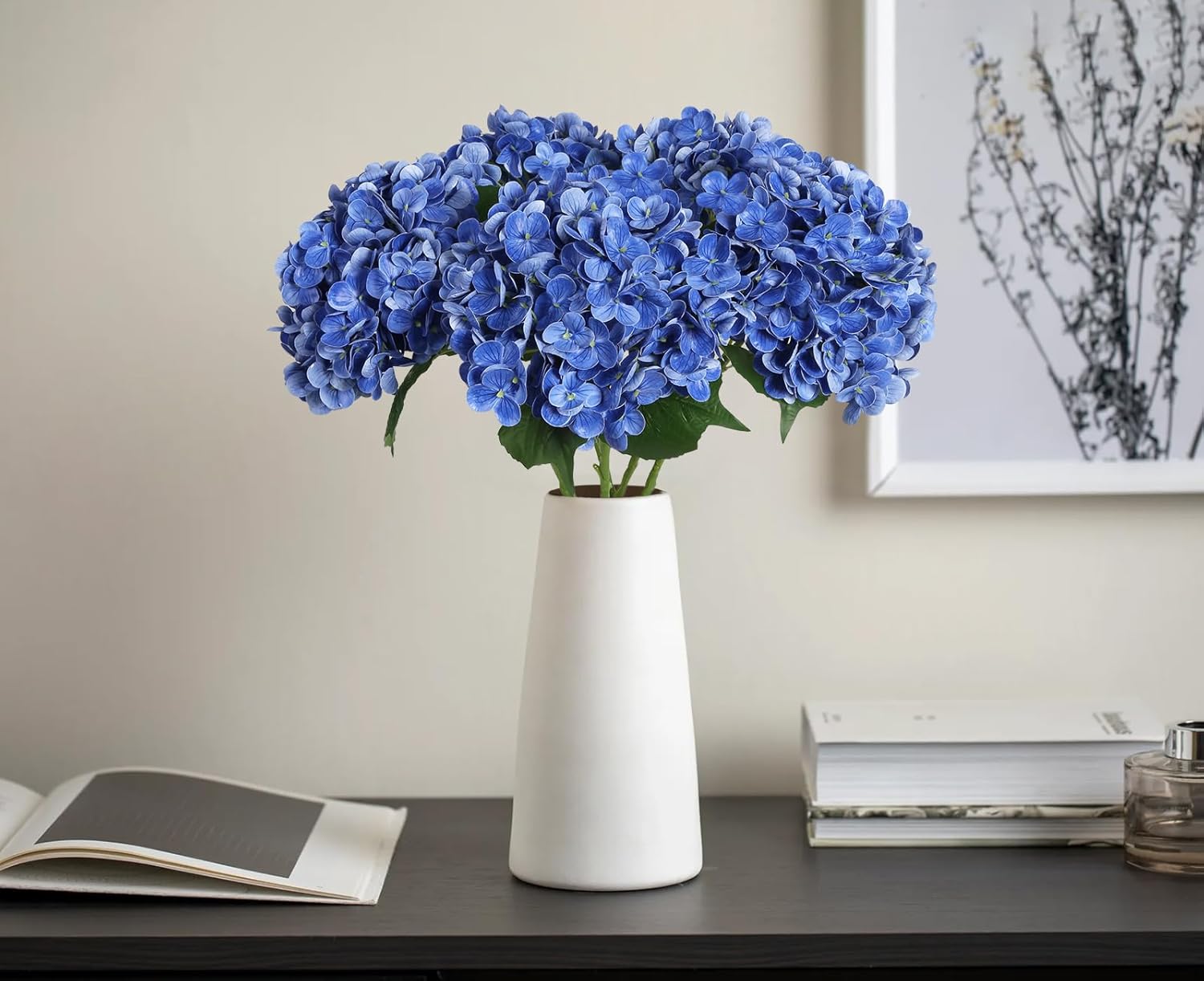 4PCS Real Touch Blue Hydrangea Artificial Flowers 21'' Large Latex Fake Hydrangea Flowers Faux Hydrangea with Stem for Wedding Home Table Centerpieces Indoor Baby Shower Decorations (Royal Blue)